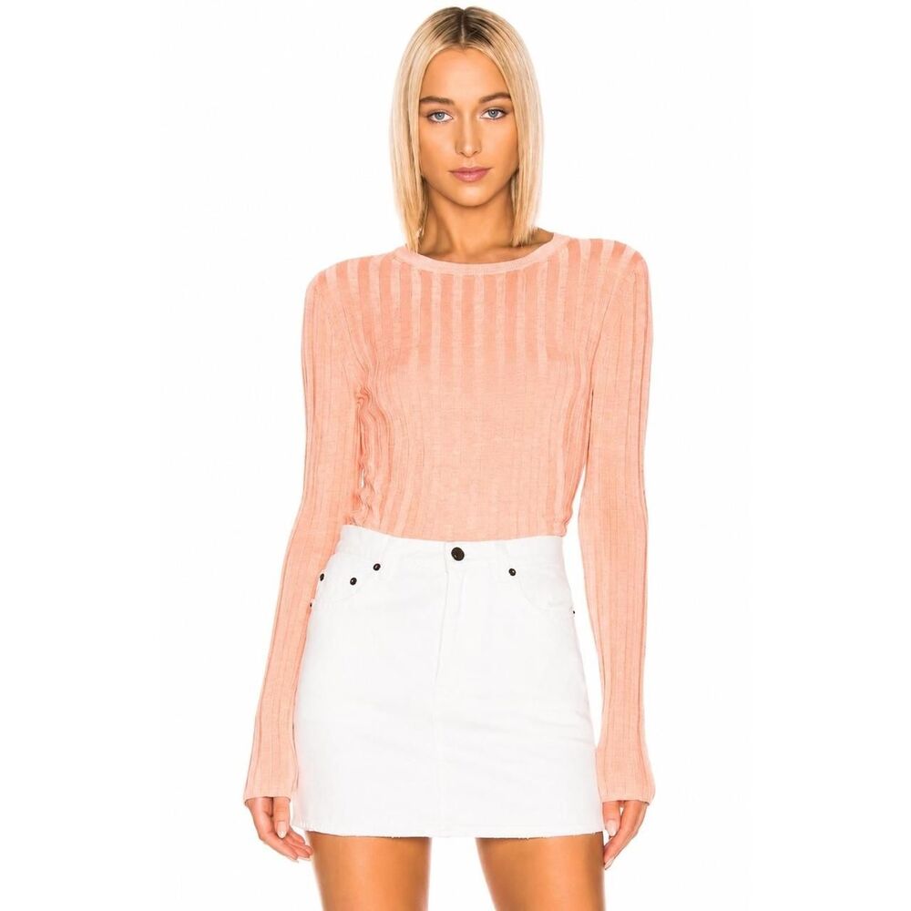 Acne Studios Sitha Shiny Ribbed Knit Top Peach Pink Long Sleeve Viscose Large